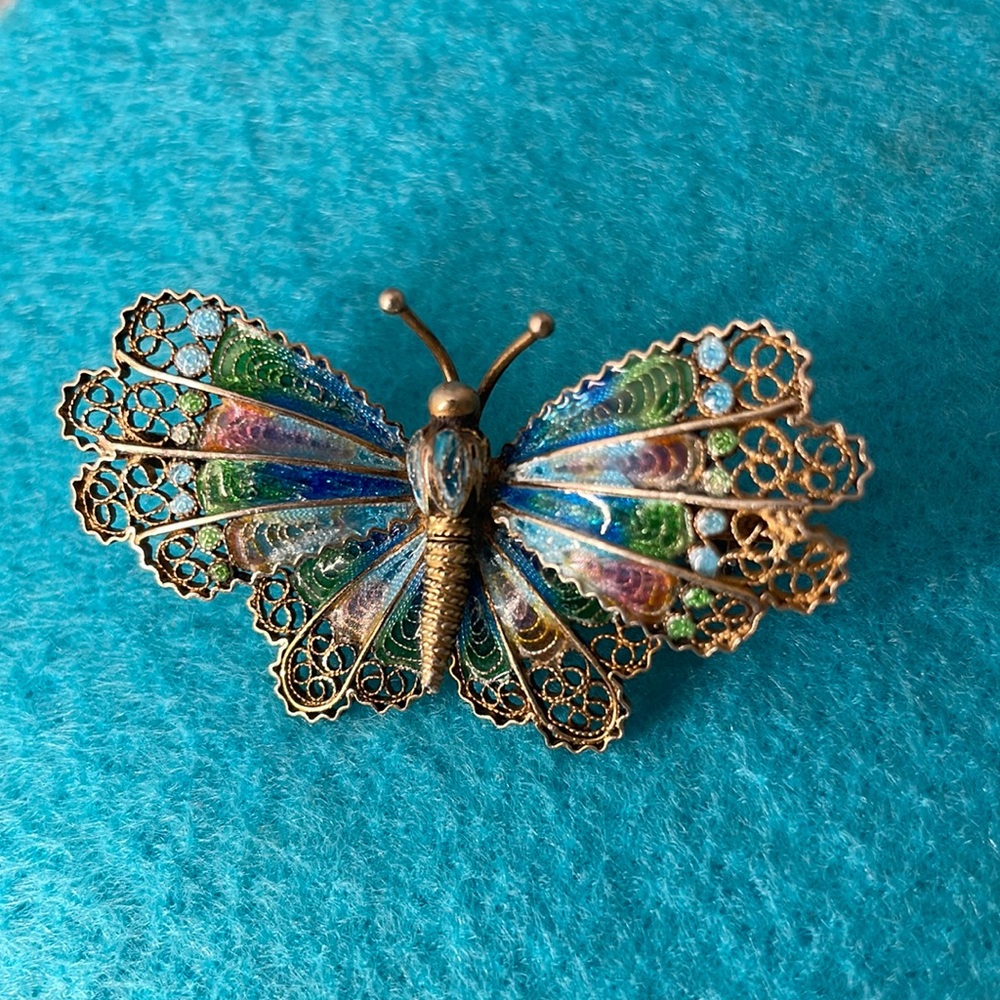 Antique Enamel butterfly on gold filigree wings made of 800 silver pin. handmade